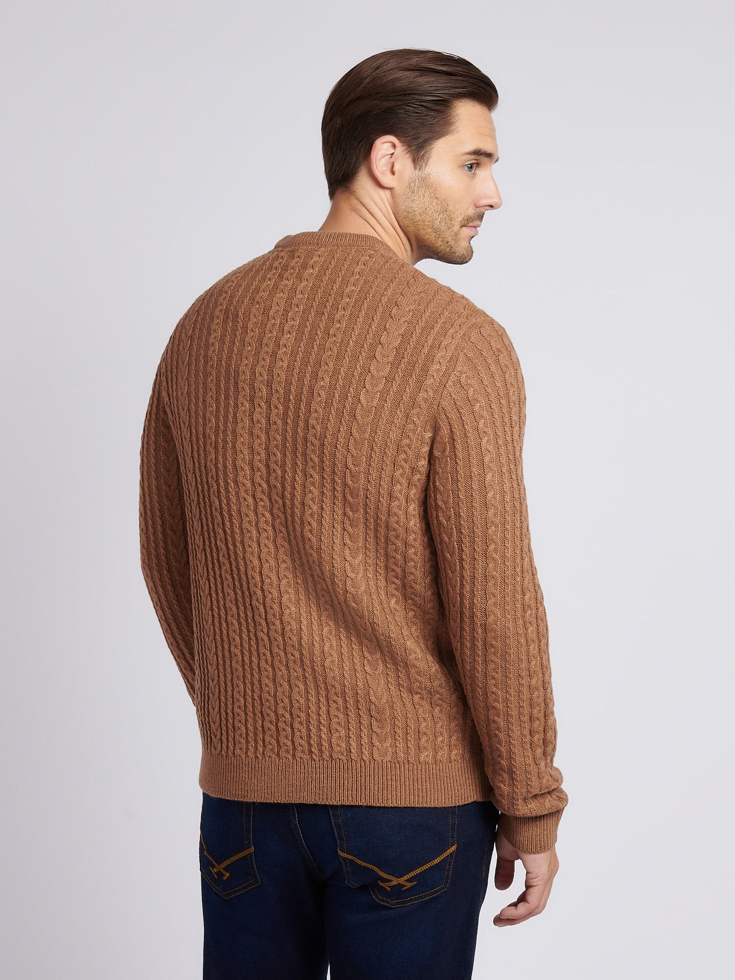 Mens Aran Knit Crew in Rawhide Marl