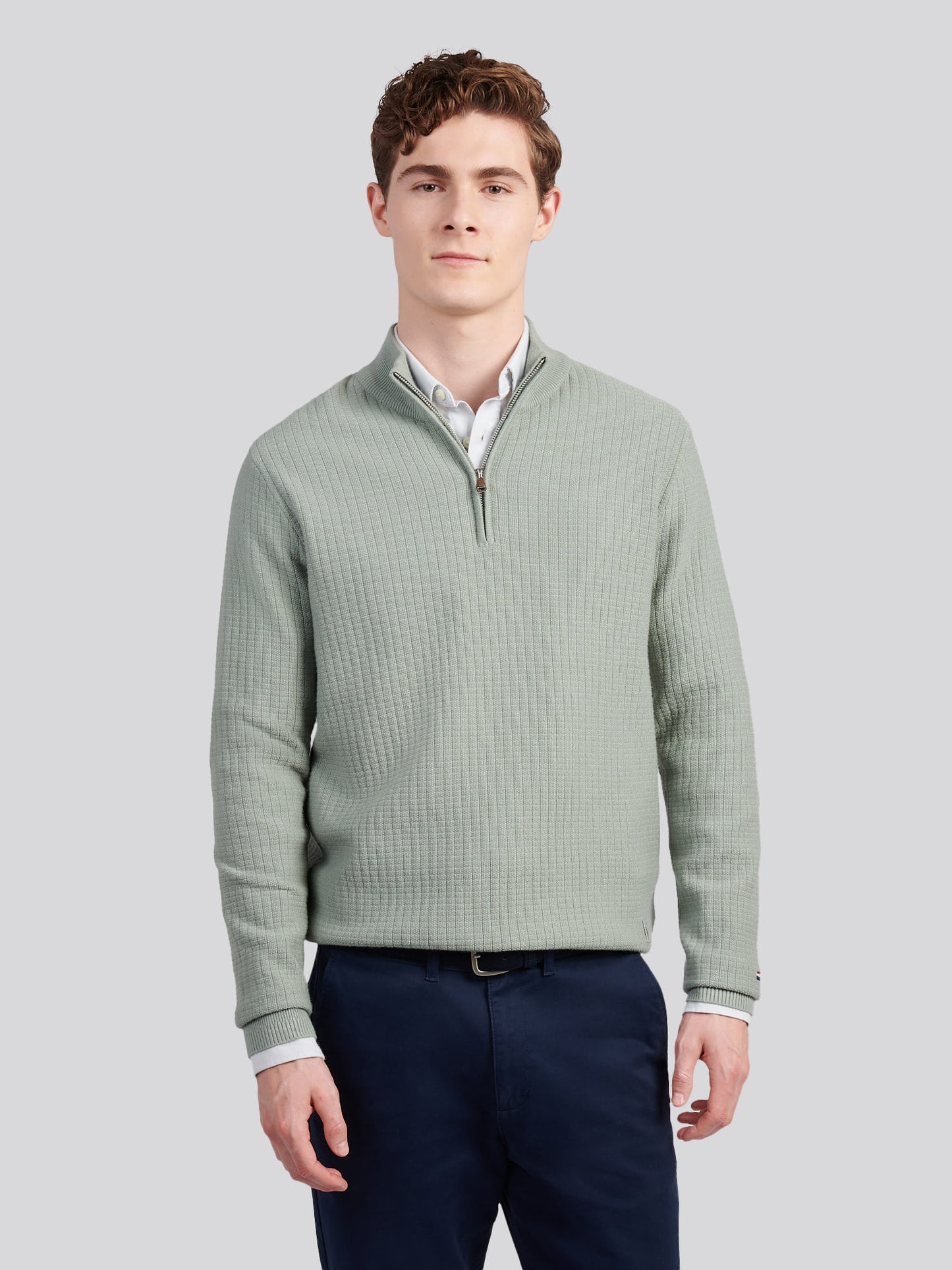 Mens Check Texture Knit Funnel in Iceberg Green