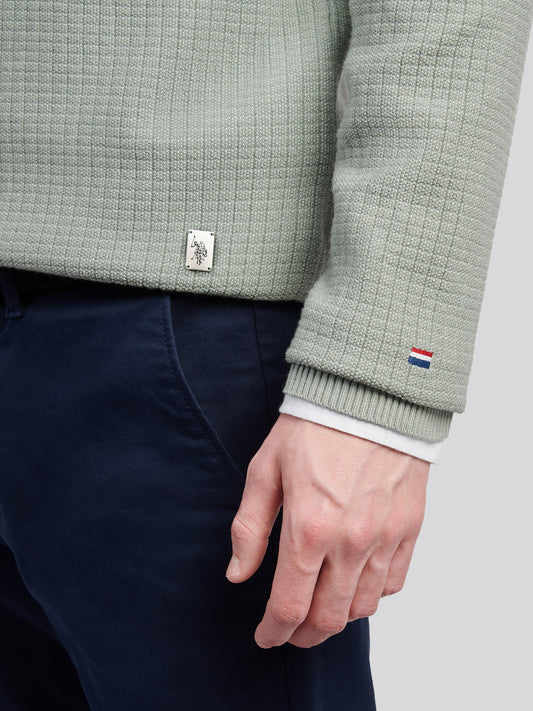 Mens Check Texture Knit Funnel in Iceberg Green