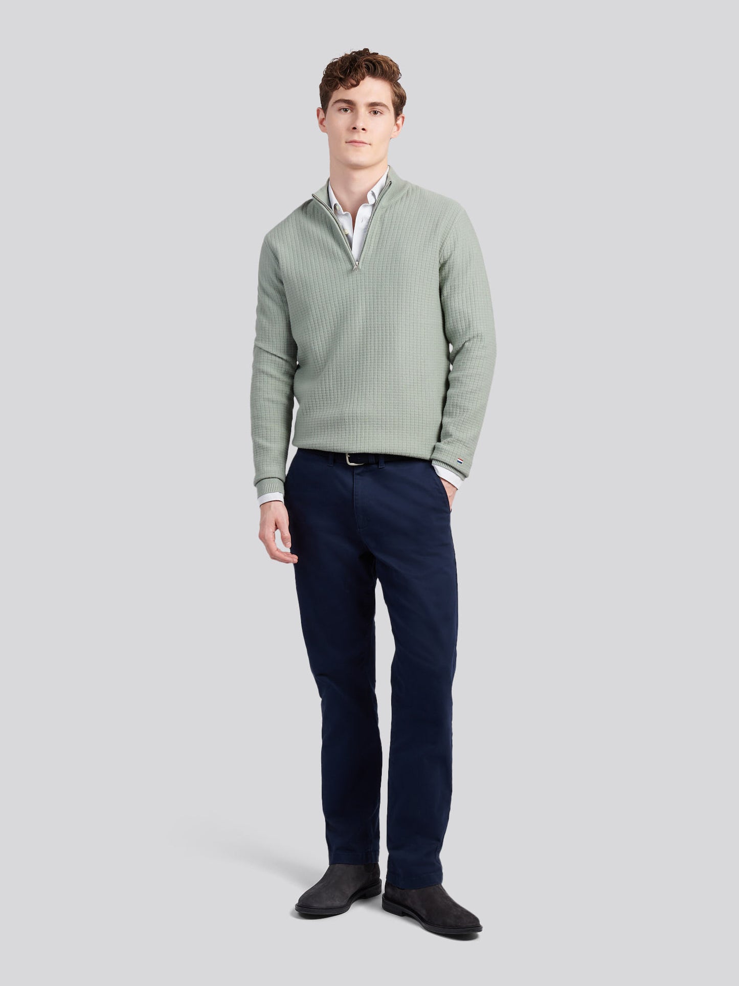 Mens Check Texture Knit Funnel in Iceberg Green