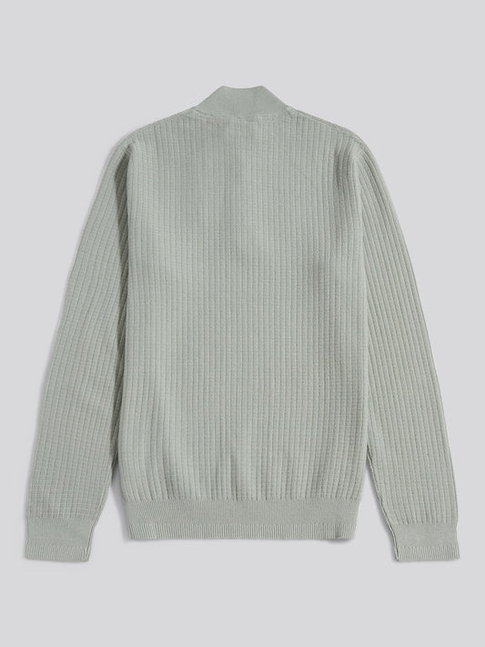 Mens Check Texture Knit Funnel in Iceberg Green