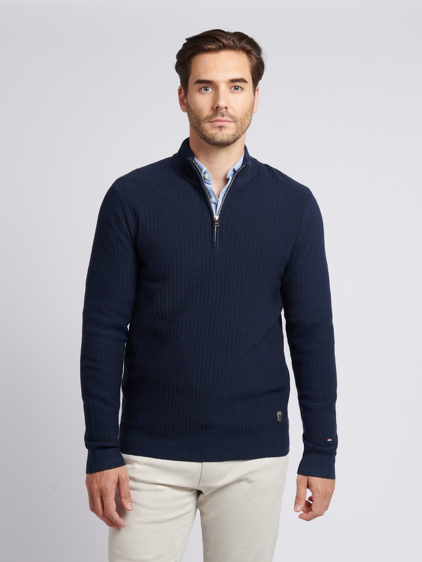 Mens Check Texture Knit Funnel in Dark Sapphire Navy