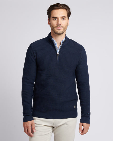 Mens Check Texture Knit Funnel in Dark Sapphire Navy