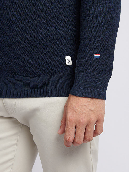 Mens Check Texture Knit Funnel in Dark Sapphire Navy