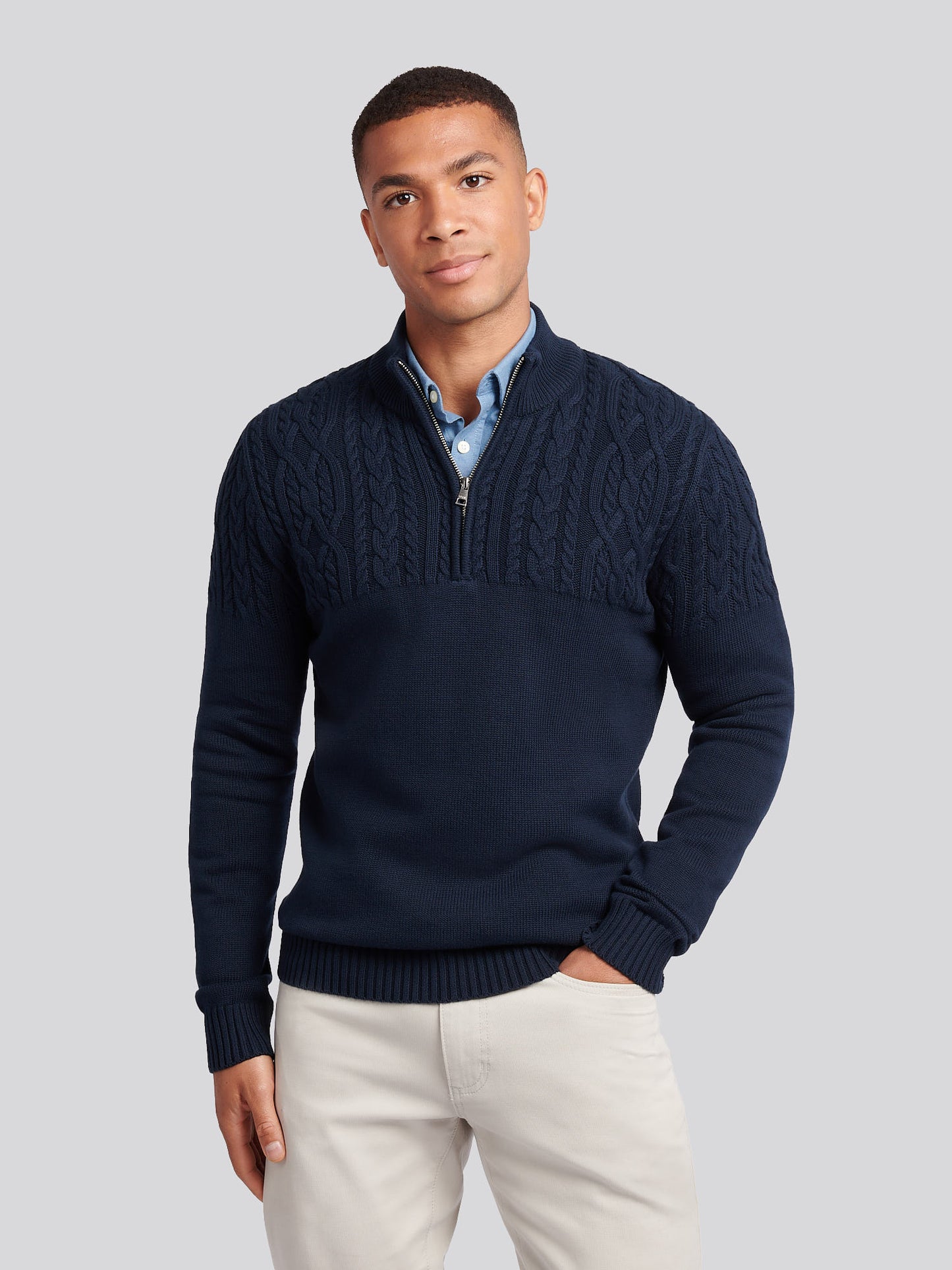 Mens Aran Mix Knit Funnel in Dark Sapphire Navy