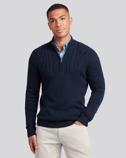 Mens Aran Mix Knit Funnel in Dark Sapphire Navy