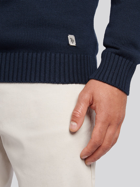 Mens Aran Mix Knit Funnel in Dark Sapphire Navy