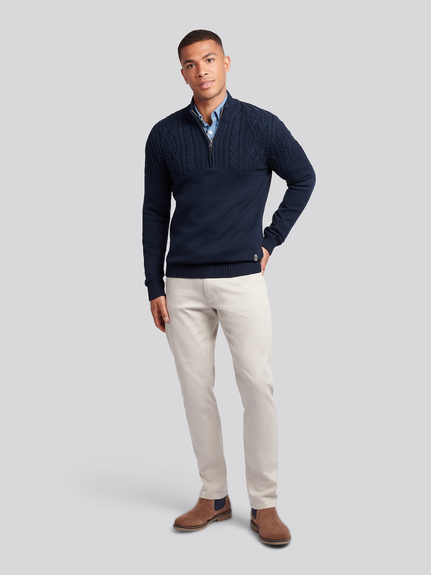 Mens Aran Mix Knit Funnel in Dark Sapphire Navy