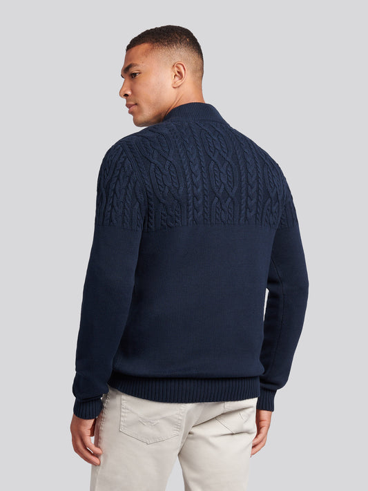 Mens Aran Mix Knit Funnel in Dark Sapphire Navy