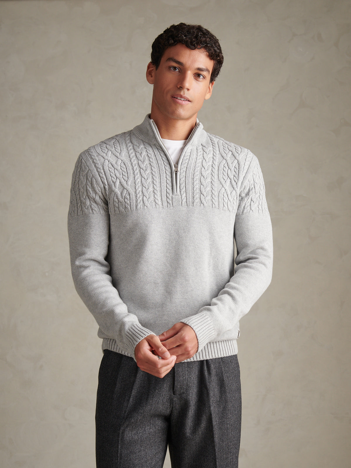 Mens Aran Mix Knit Funnel Mid Grey Marl
