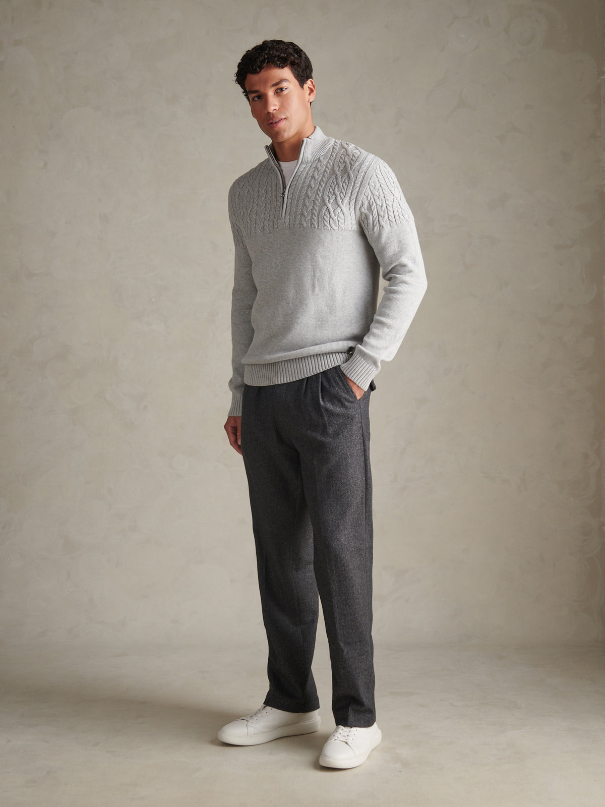 Mens Aran Mix Knit Funnel Mid Grey Marl