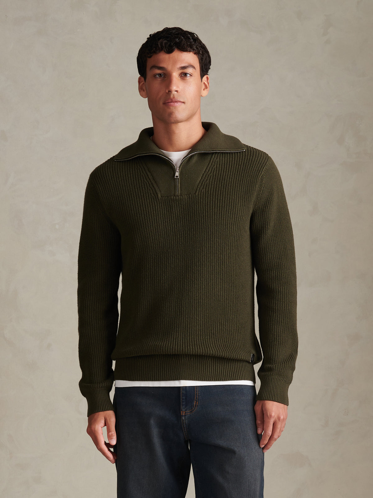 Mens Half Cardigan Stitch Knit Funnel Forest Night