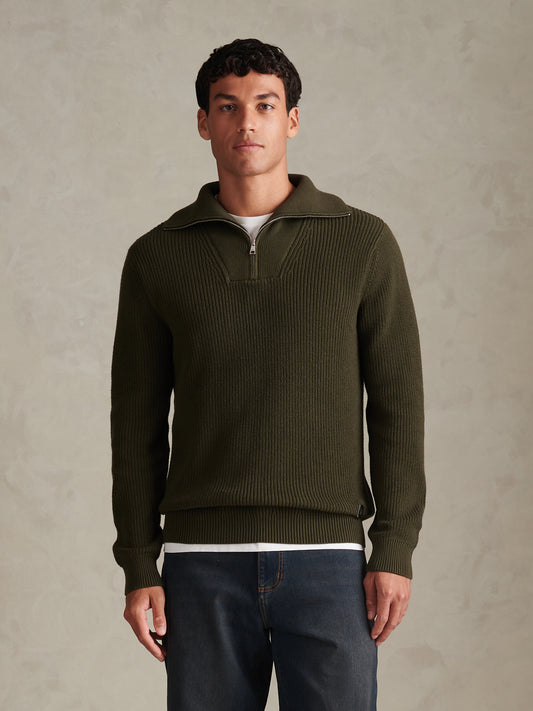 Mens Half Cardigan Stitch Knit Funnel Forest Night
