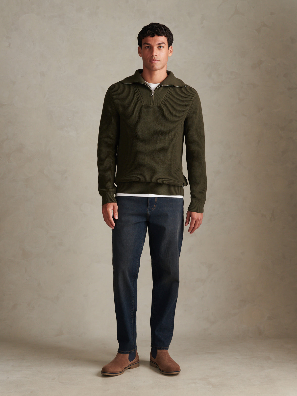 Mens Half Cardigan Stitch Knit Funnel Forest Night