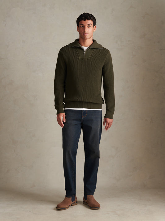 Mens Half Cardigan Stitch Knit Funnel Forest Night