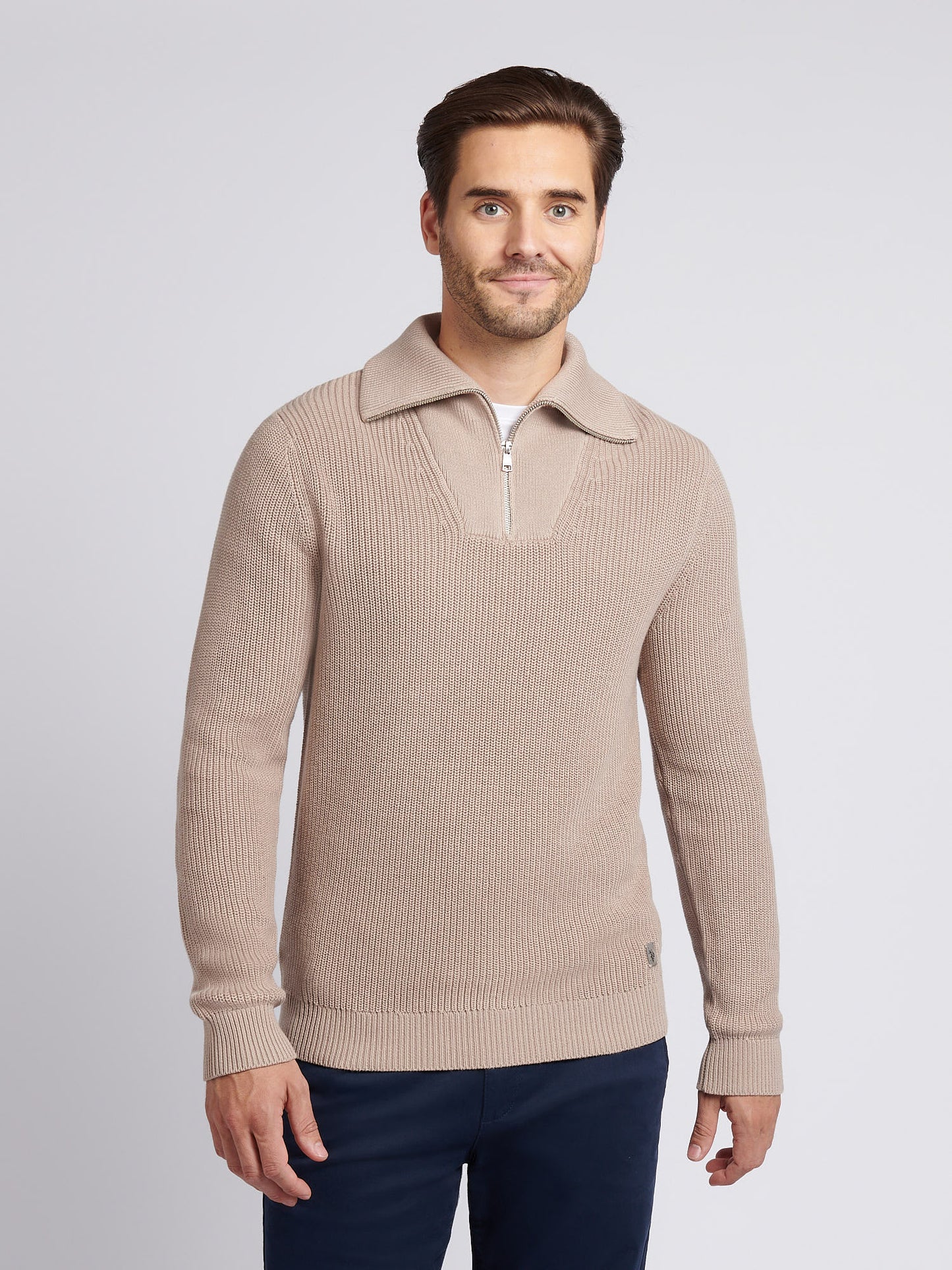 Mens Half Cardigan Stitch Knit Funnel in Atmosphere