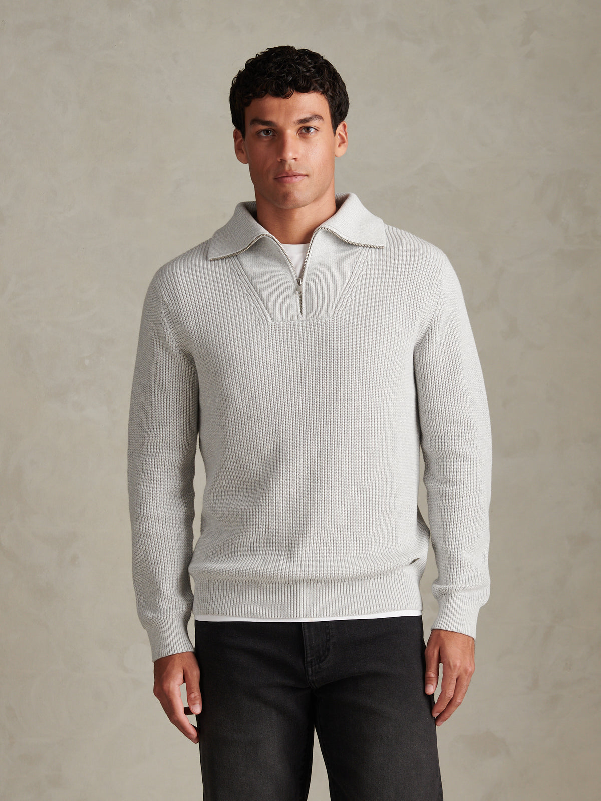 Mens Half Cardigan Stitch Knit Funnel Light Grey Marl