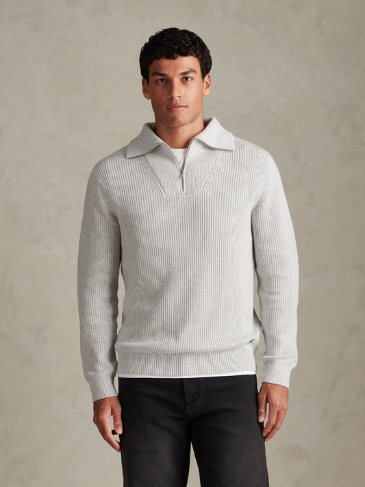 Mens Half Cardigan Stitch Knit Funnel Light Grey Marl