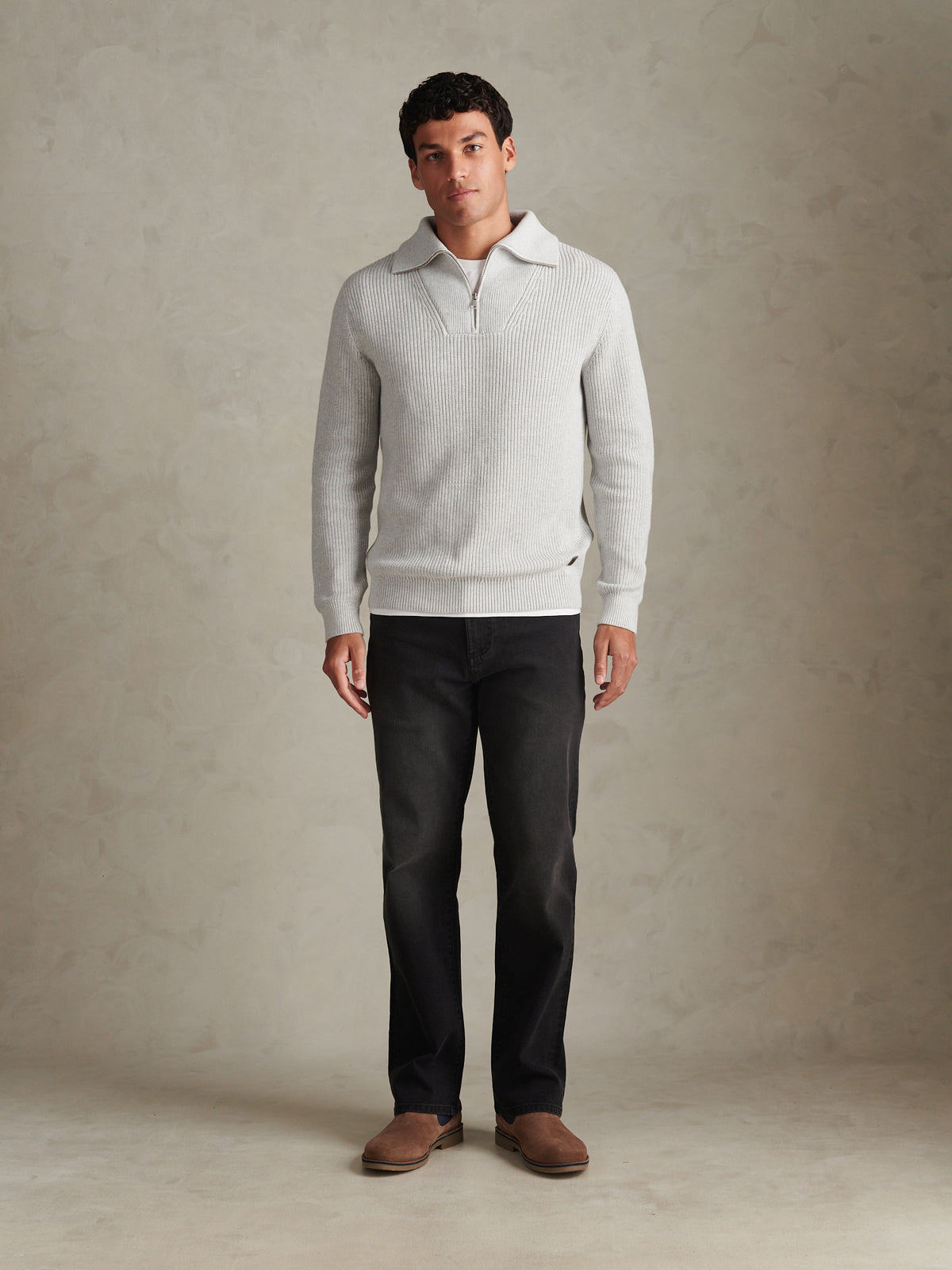 Mens Half Cardigan Stitch Knit Funnel Light Grey Marl