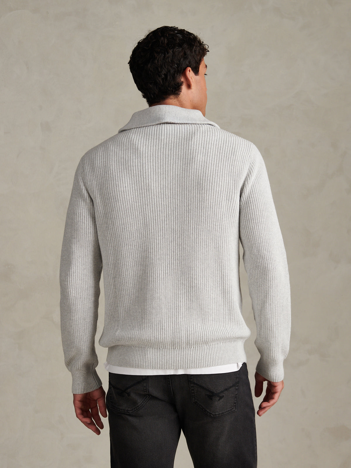 Mens Half Cardigan Stitch Knit Funnel Light Grey Marl