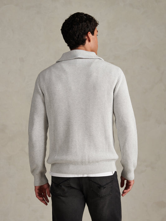 Mens Half Cardigan Stitch Knit Funnel Light Grey Marl