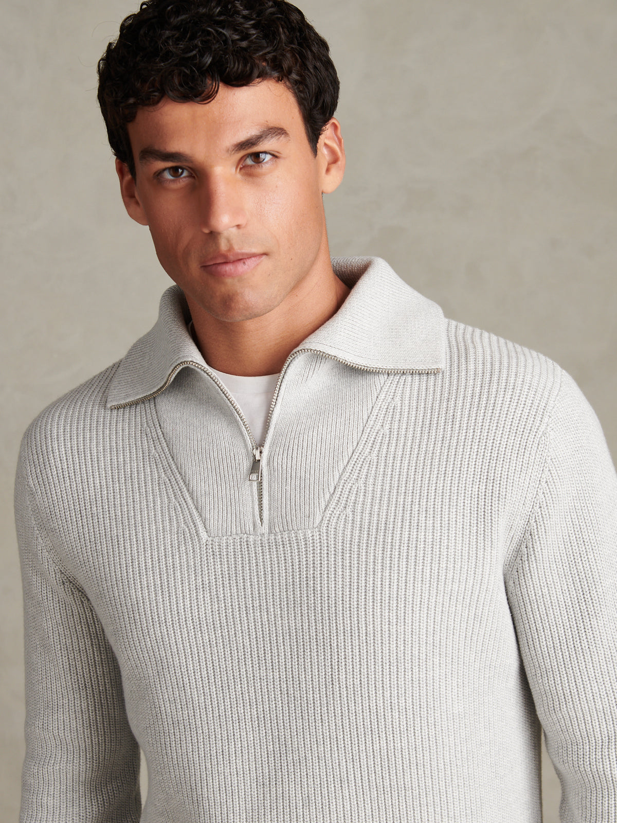 Mens Half Cardigan Stitch Knit Funnel Light Grey Marl