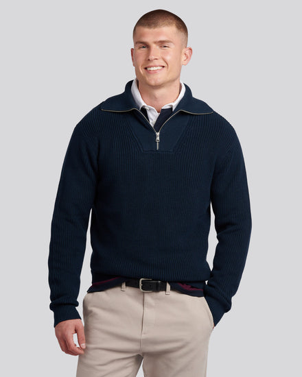 Mens Half Cardigan Stitch Knit Funnel in Dark Sapphire Navy