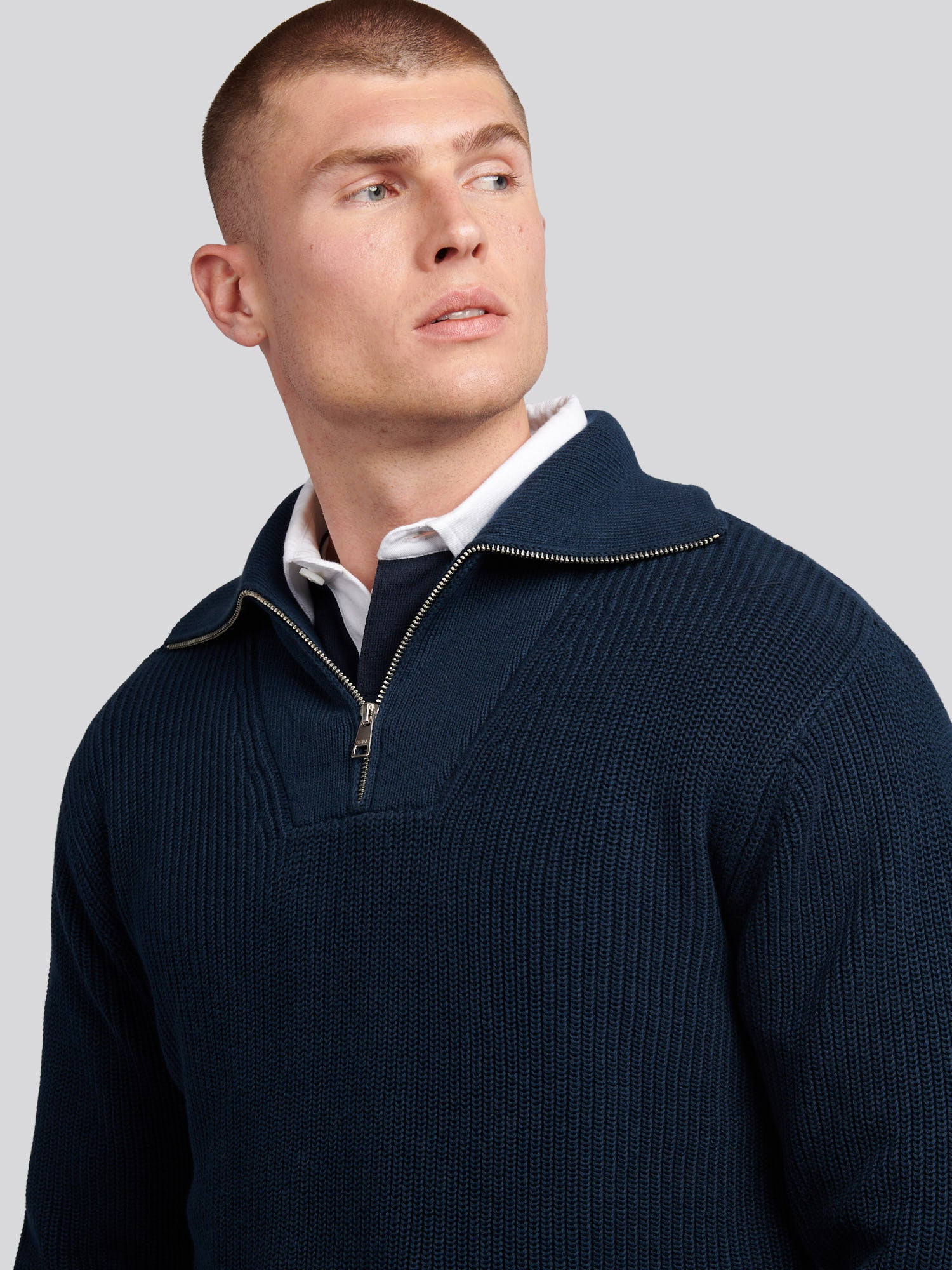 Mens Half Cardigan Stitch Knit Funnel in Dark Sapphire Navy – U.S.