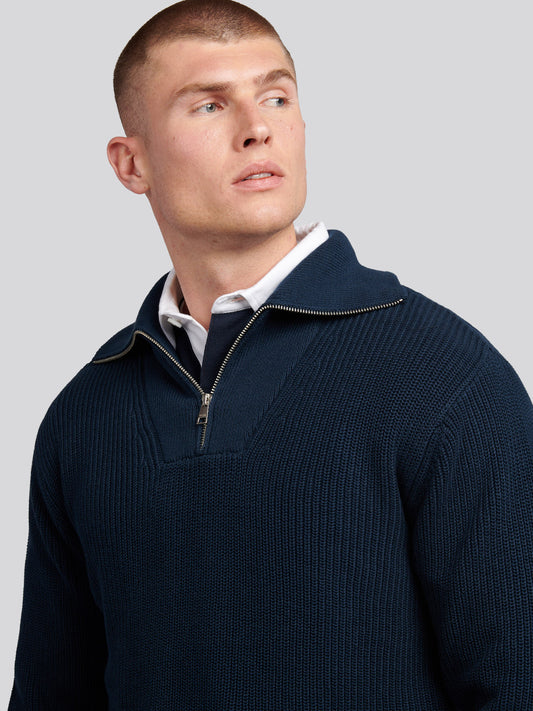 Mens Half Cardigan Stitch Knit Funnel in Dark Sapphire Navy