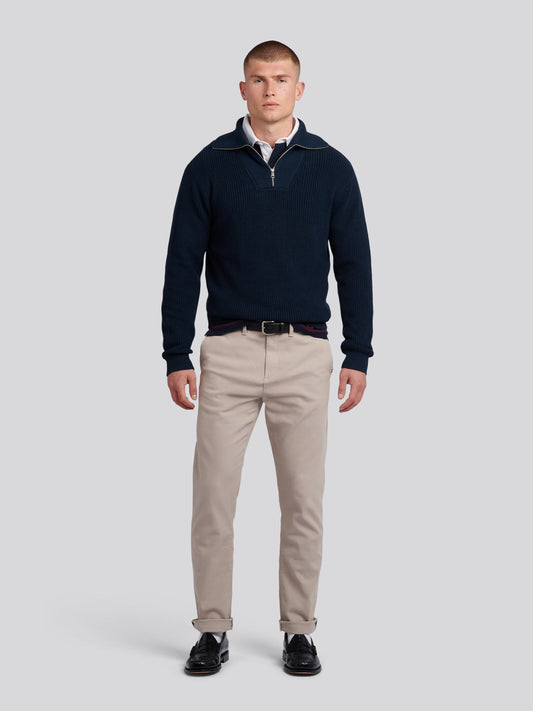 Mens Half Cardigan Stitch Knit Funnel in Dark Sapphire Navy