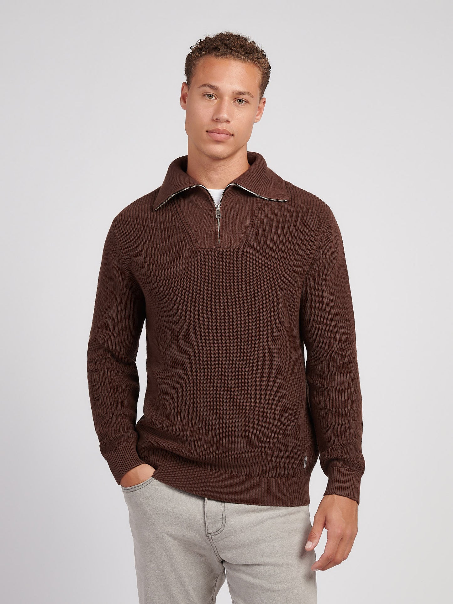 Mens Half Cardigan Stitch Knit Funnel in Chocolate Martini