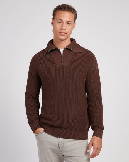 Mens Half Cardigan Stitch Knit Funnel in Chocolate Martini