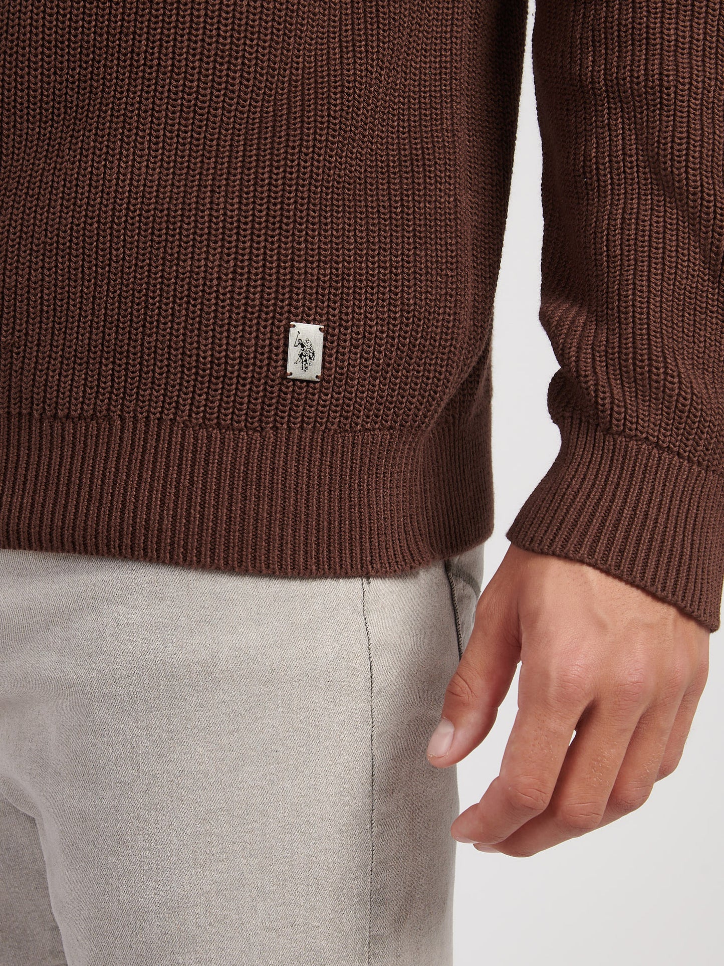 Mens Half Cardigan Stitch Knit Funnel in Chocolate Martini