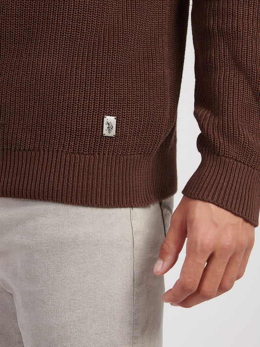 Mens Half Cardigan Stitch Knit Funnel in Chocolate Martini