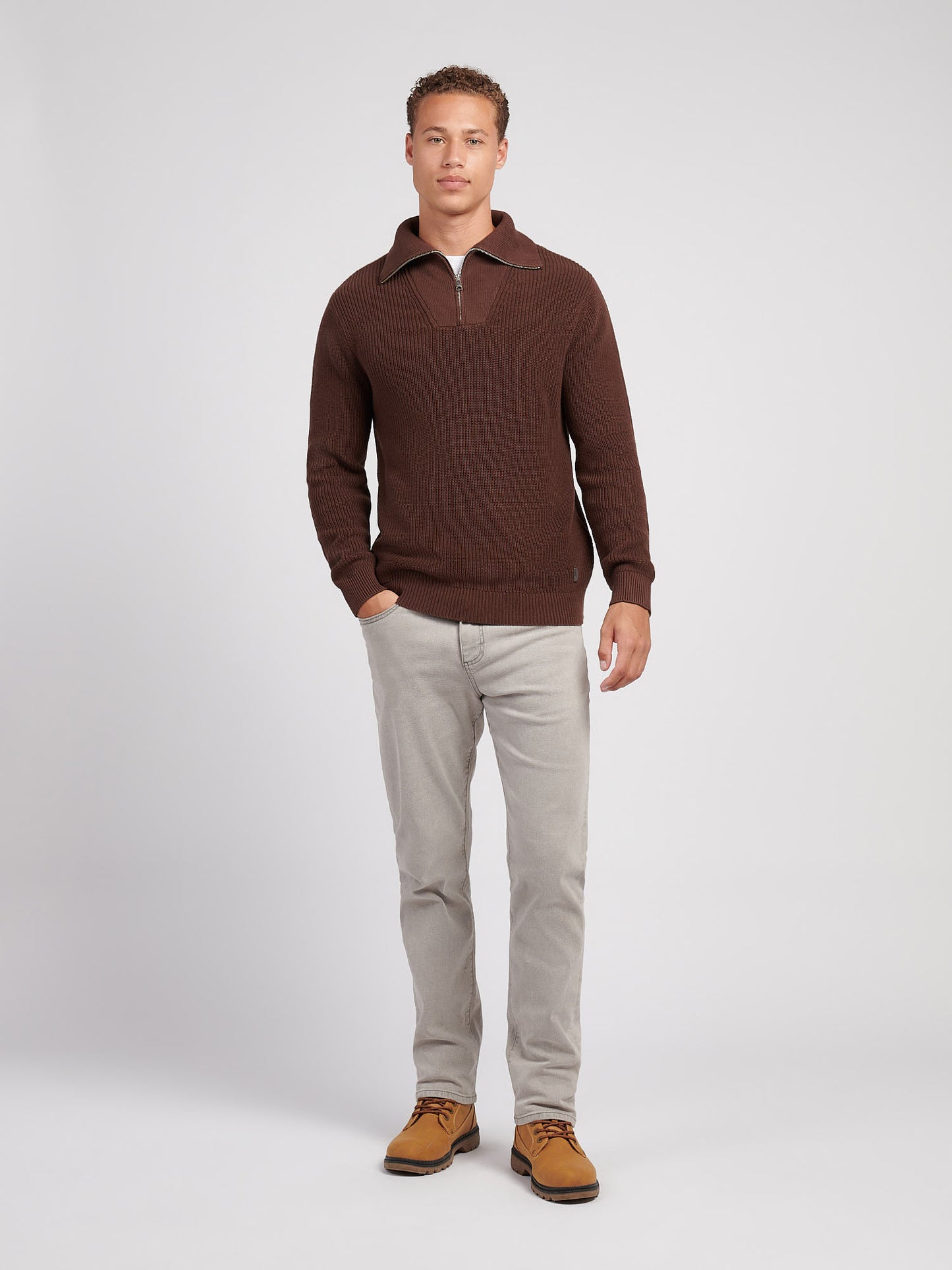 Mens Half Cardigan Stitch Knit Funnel in Chocolate Martini