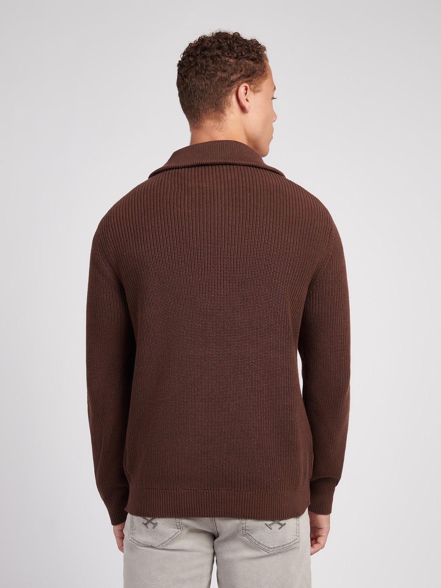 Mens Half Cardigan Stitch Knit Funnel in Chocolate Martini