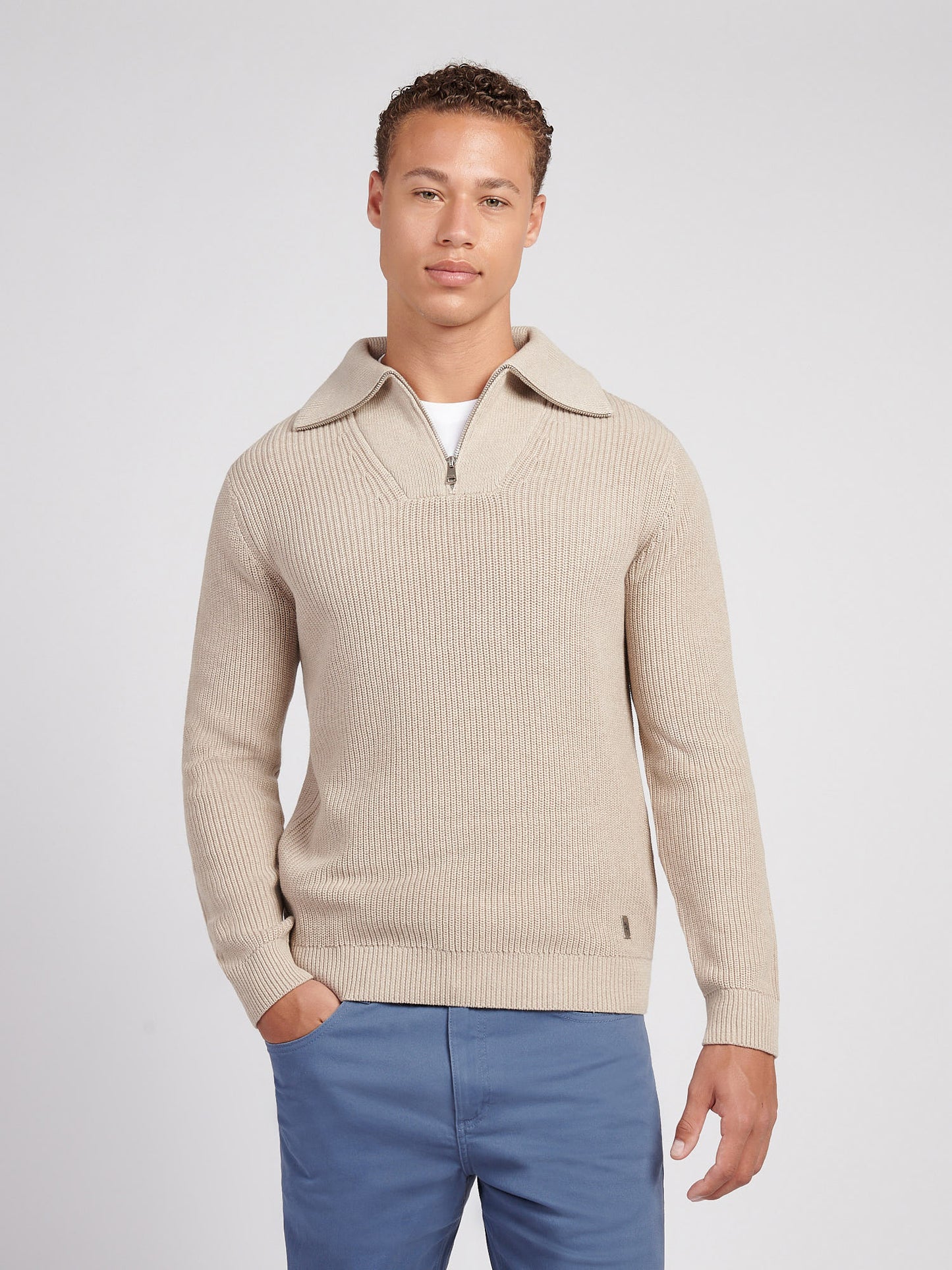 Mens Half Cardigan Stitch Knit Funnel in Atmosphere Marl