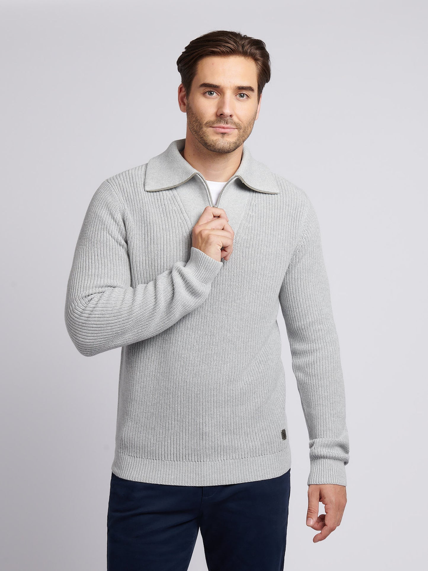 Mens Half Cardigan Stitch Knit Funnel in Mid Grey Marl