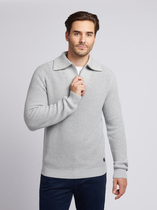 Mens Half Cardigan Stitch Knit Funnel in Mid Grey Marl