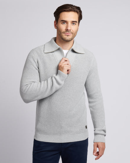 Mens Half Cardigan Stitch Knit Funnel in Mid Grey Marl