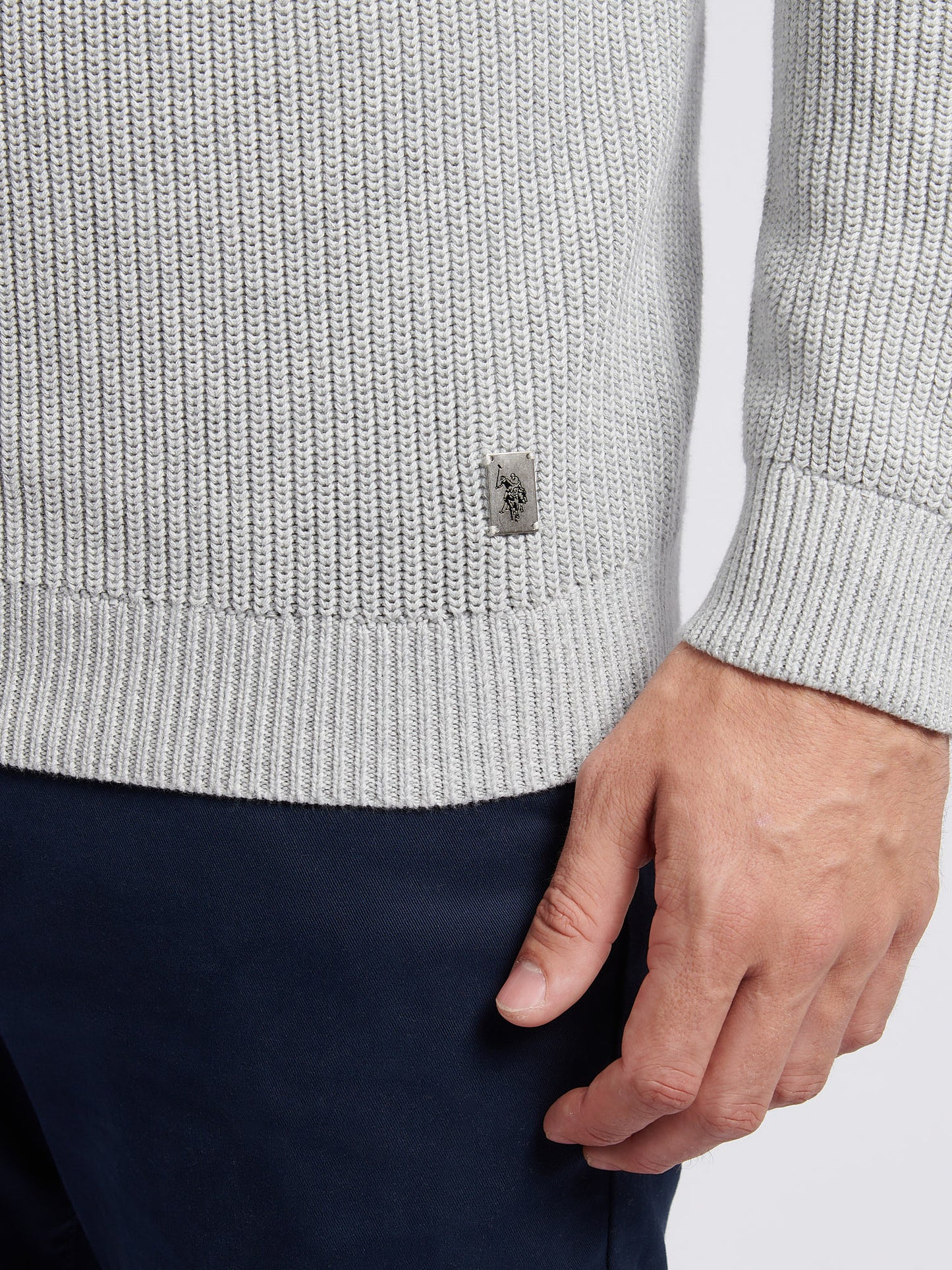 Mens Half Cardigan Stitch Knit Funnel in Mid Grey Marl