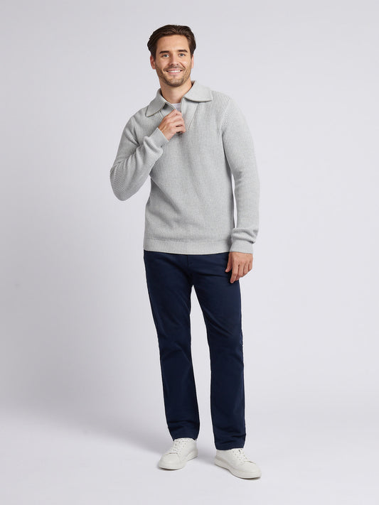 Mens Half Cardigan Stitch Knit Funnel in Mid Grey Marl