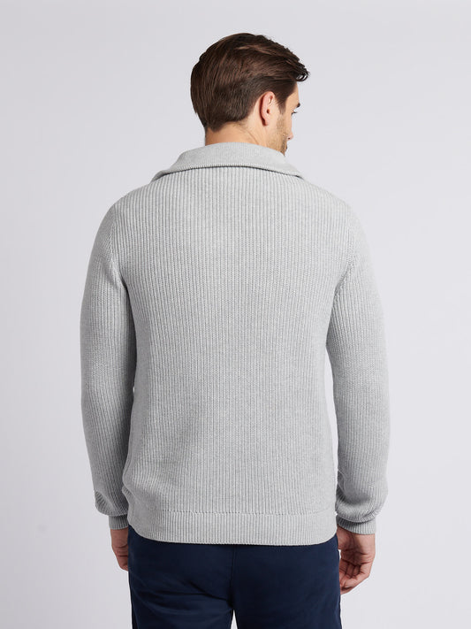 Mens Half Cardigan Stitch Knit Funnel in Mid Grey Marl