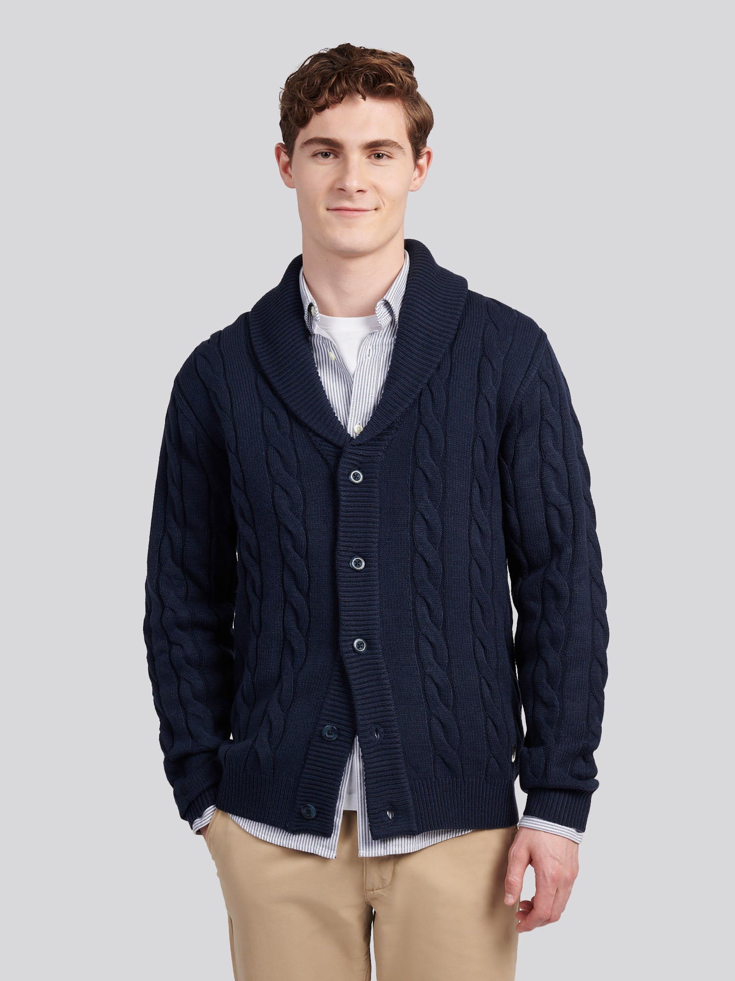 トップス SATUR Cotton Collar Half Cardigan Navy Mens Half Cardigan Stitch Knit Cardigan in Dark Sapphire Navy