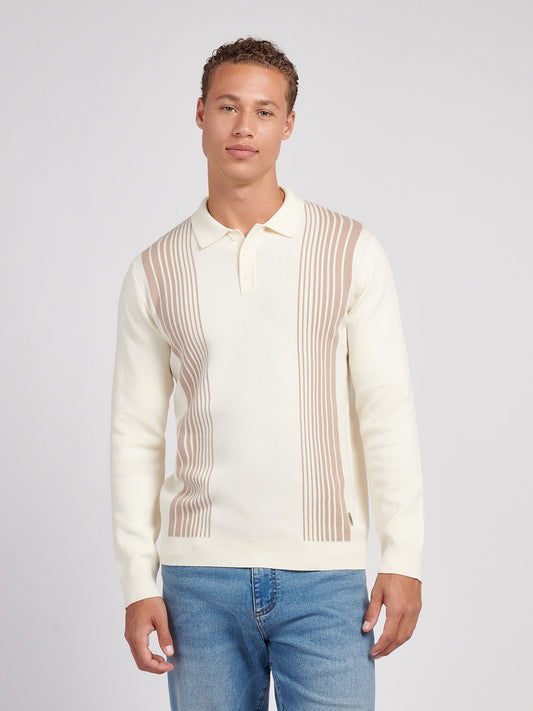 Mens Vertical Stripe Knit Long Sleeve Polo Shirt in Whisper White