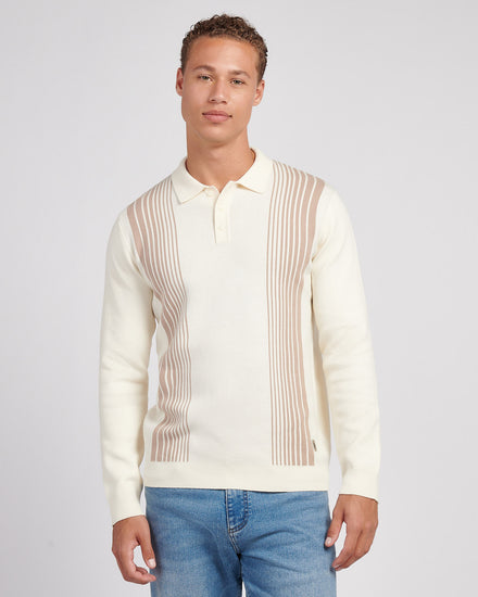 Mens Vertical Stripe Knit Long Sleeve Polo Shirt in Whisper White