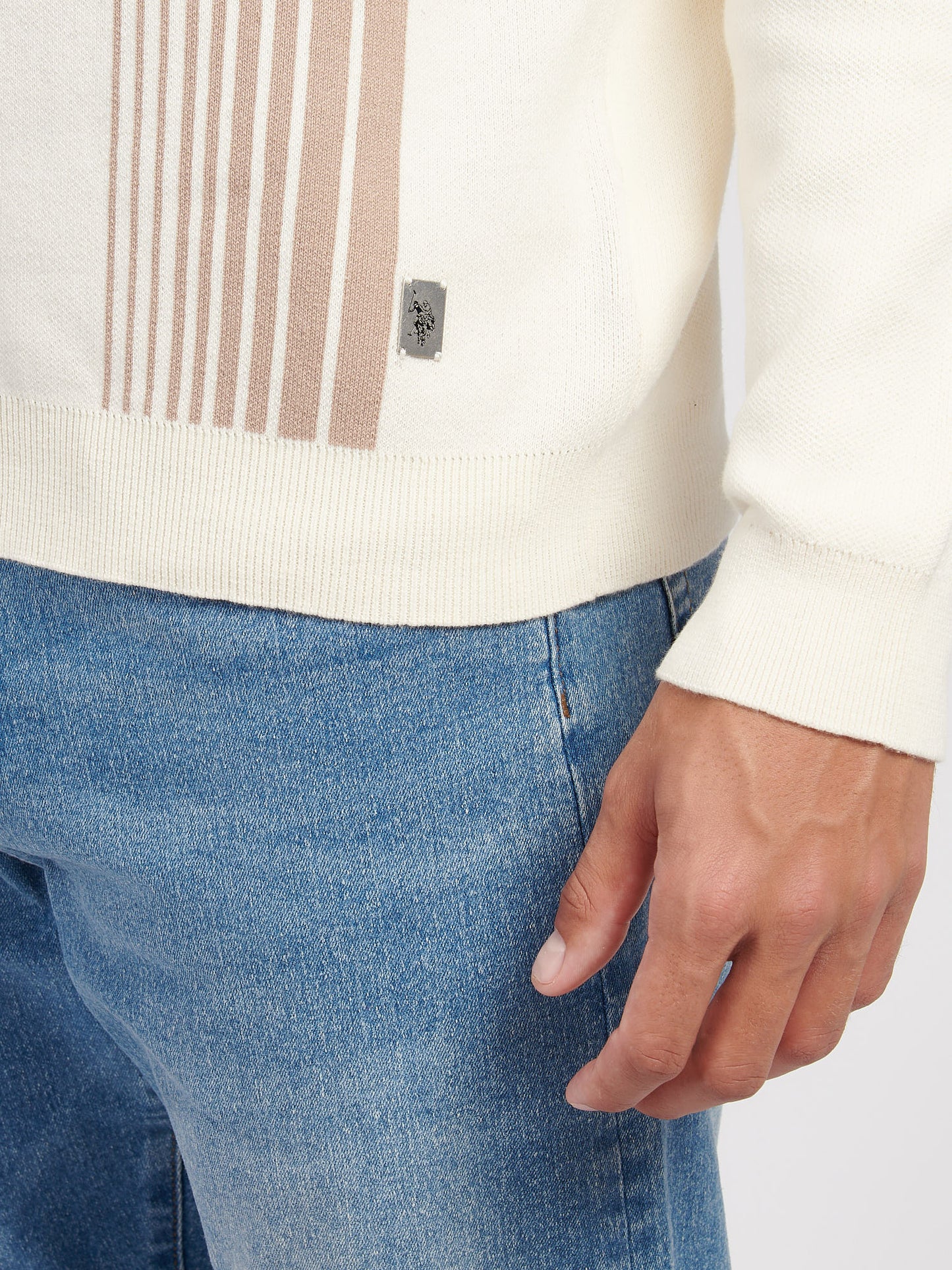 Mens Vertical Stripe Knit Long Sleeve Polo Shirt in Whisper White