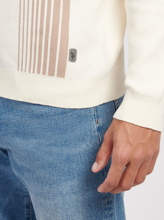 Mens Vertical Stripe Knit Long Sleeve Polo Shirt in Whisper White