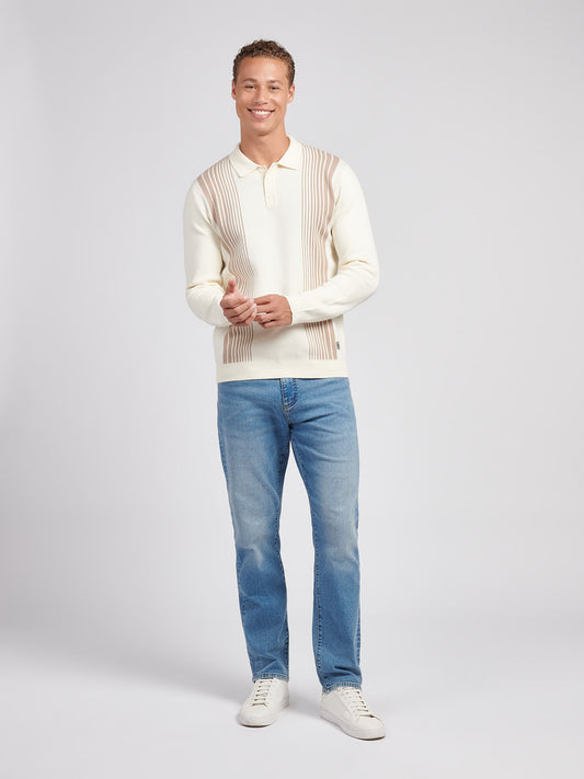 Mens Vertical Stripe Knit Long Sleeve Polo Shirt in Whisper White