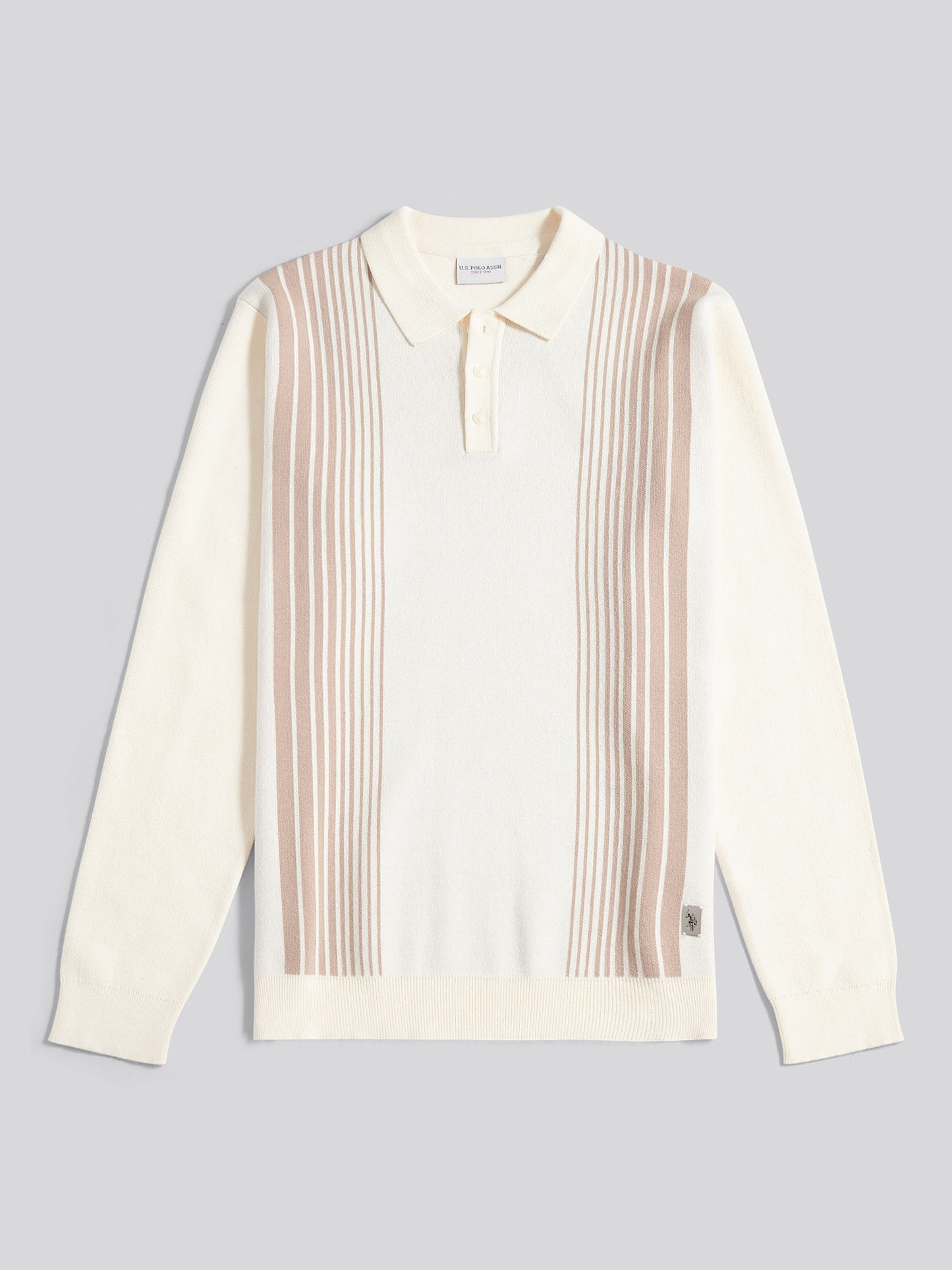 Mens Vertical Stripe Knit Long Sleeve Polo Shirt in Whisper White
